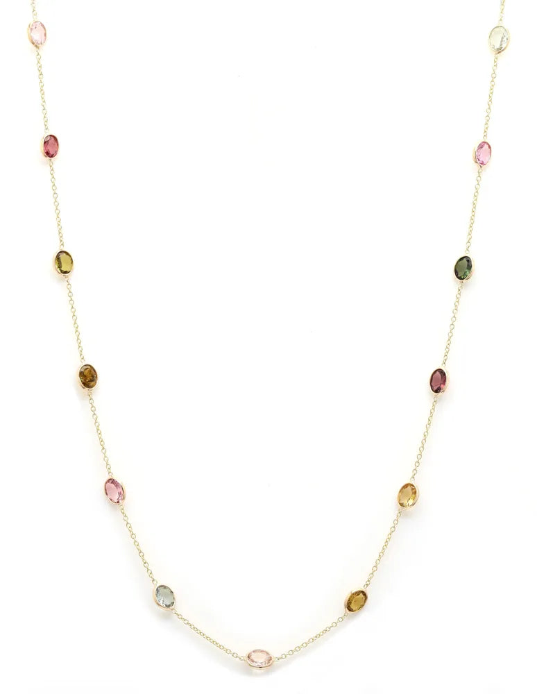 Minimal Jewelry Natural Tourmaline 18K Solid Yellow Gold Long Chain Necklace