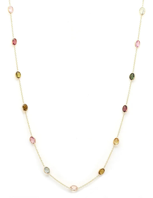 Minimal Jewelry Natural Tourmaline 18K Solid Yellow Gold Long Chain Necklace