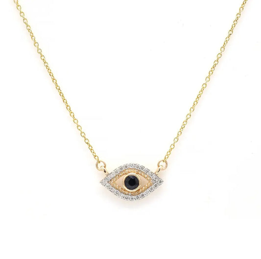 Handmade Jewelry Natural Sapphire Diamond 14K Yellow Gold Evil Eye Pendant Necklace