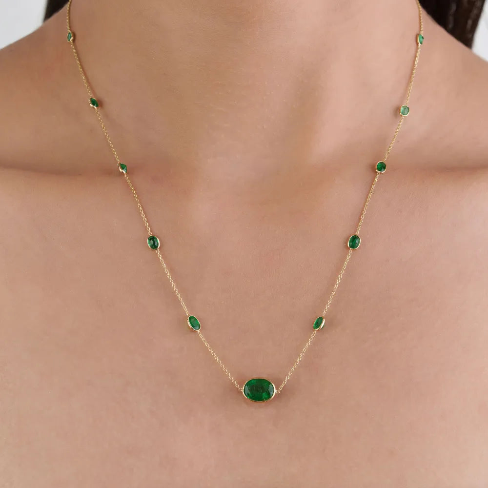 Precious Gemstone Fine Emerald Station Chain Necklace May Birthstone Pure 14K Yellow Gold Women's Jewelry