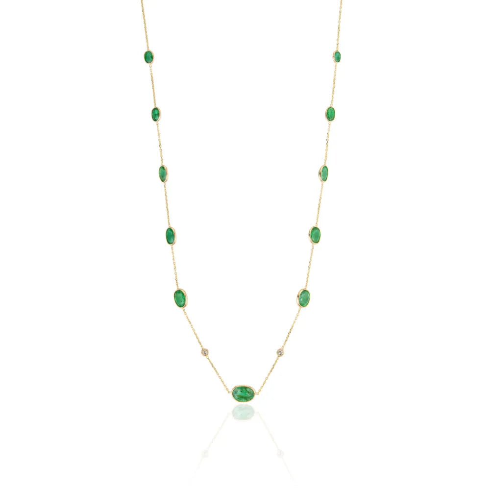 Latest Design Handmade Emerald & Diamond 14K Solid Yellow Gold Station Necklace Light Weight Jewelry