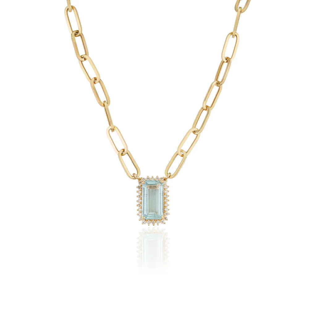 Semi Precious Gemstone Aquamarine & Diamond Paperclip Chain Cluster Pendant Necklace 14K Real Yellow Gold