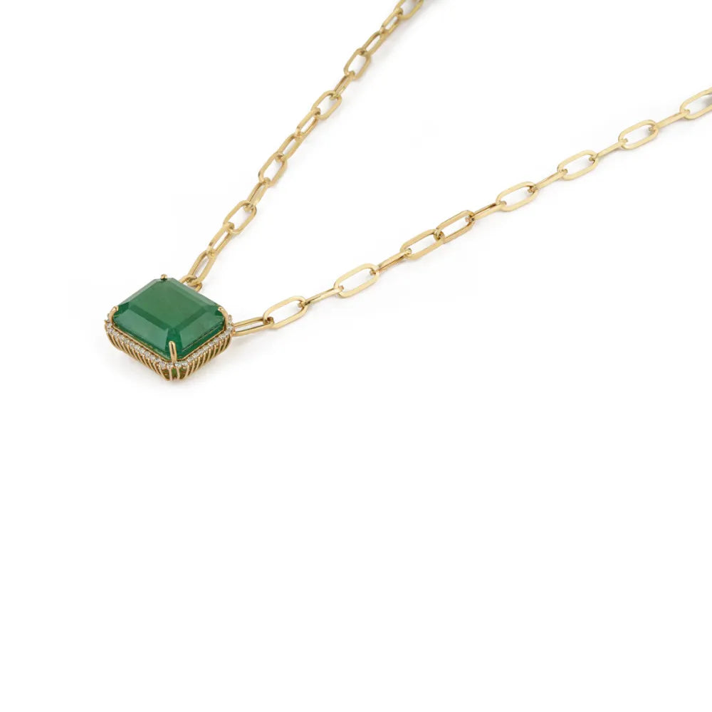 18.82ct. Zambian Emerald & Diamond Cluster Paperclip Chain Pendant Necklace K14 Yellow Gold Jewelry