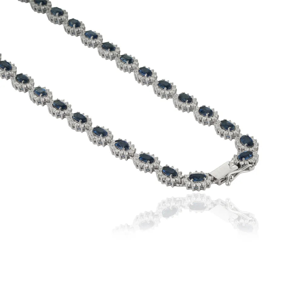 Prong Set Blue Sapphire & Diamond Fine Cluster Tennis Necklace For Women 14K Real White Gold Bold Jewelry