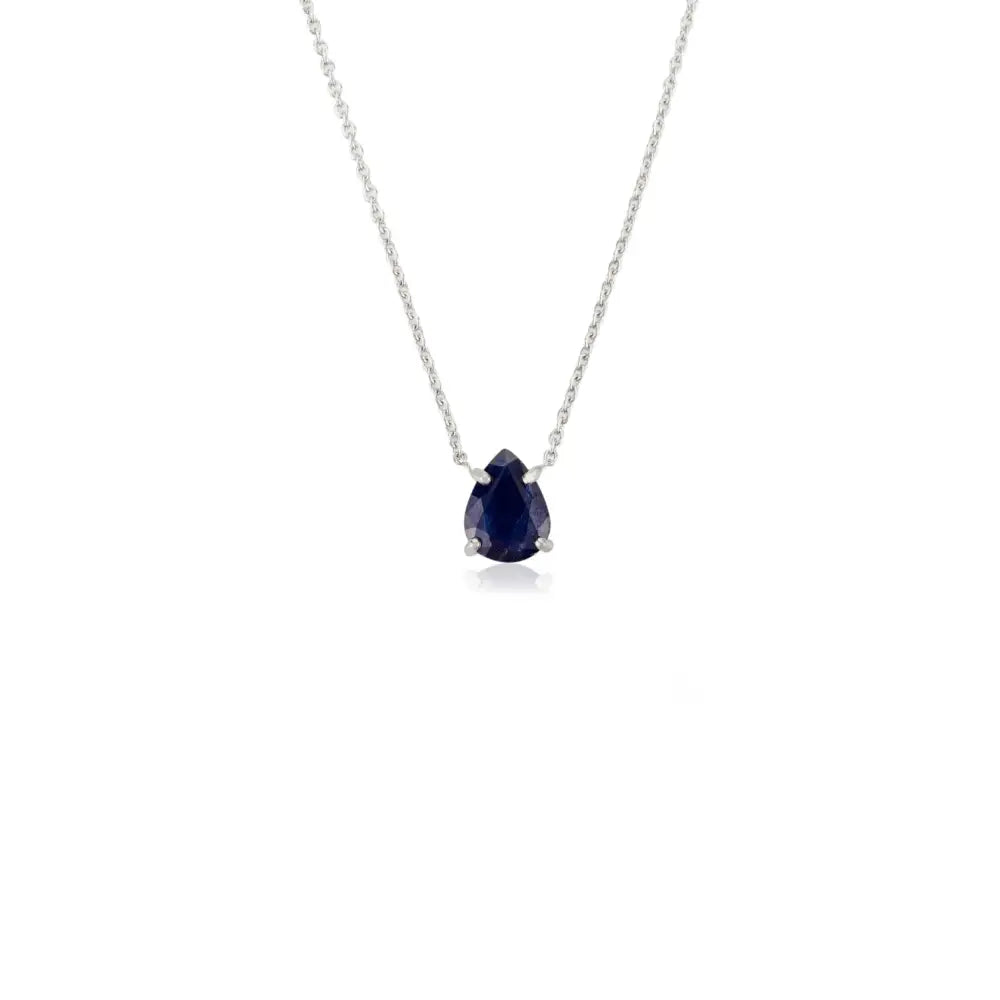 Pear Cut Blue Sapphire Single Stone Pendant Necklace Prong Settings 14K White Gold