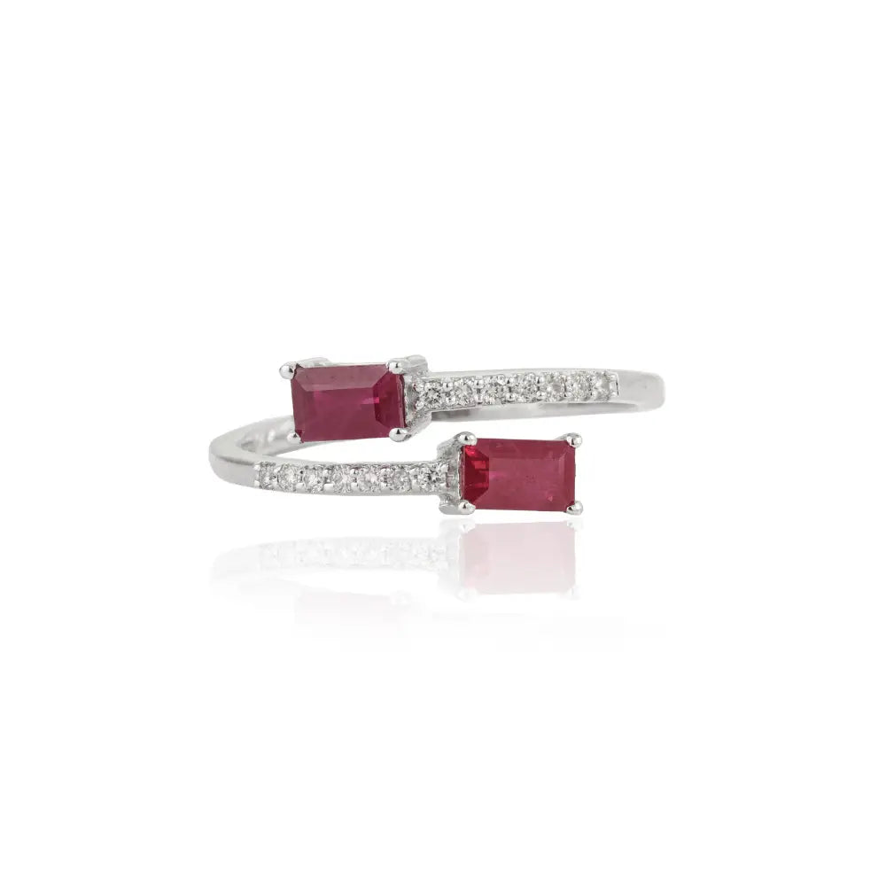 5x3mm Octagon Cut Ruby & Diamond Solid K14 White Gold Simple Bypass Ring Bulk Jewelry