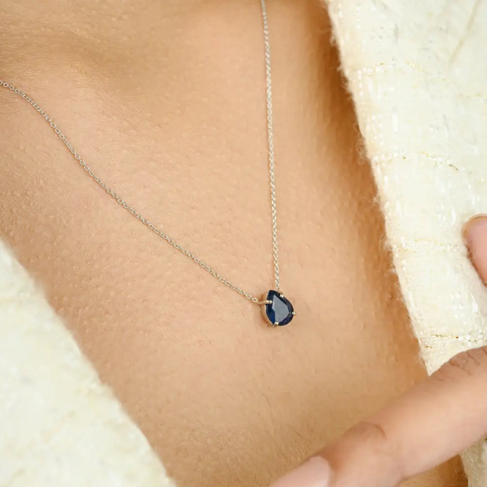 Pear Cut Blue Sapphire Single Stone Pendant Necklace Prong Settings 14K White Gold