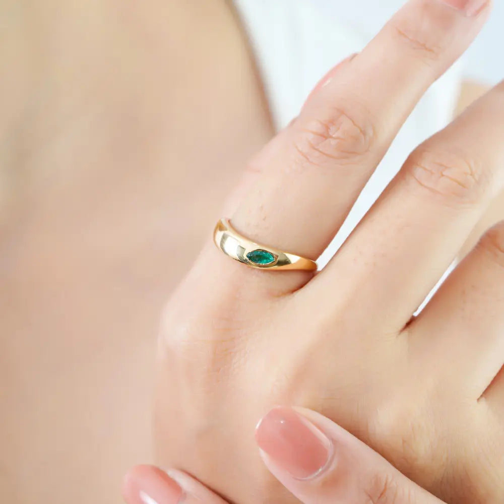 Marquise Cut Emerald Wavy Band Ring Solid K14 Yellow Gold Minimal Stackable Jewelry