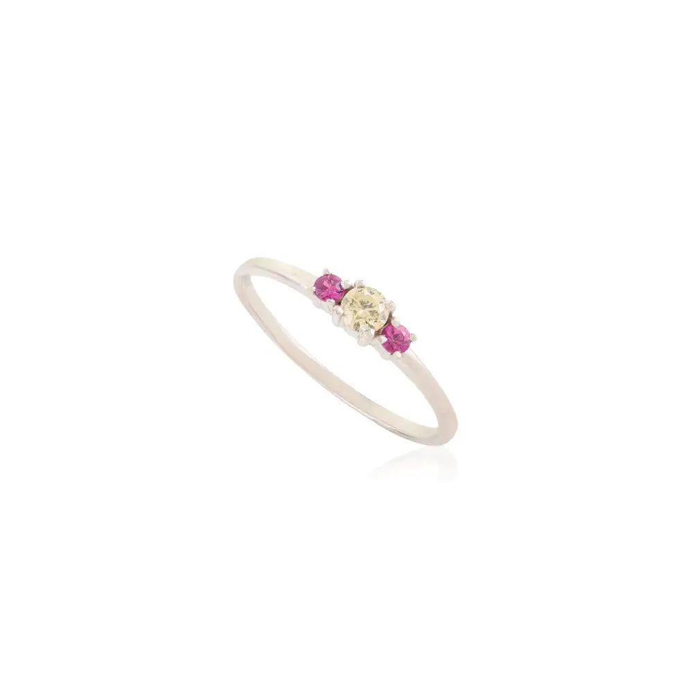 14K Real White Gold Round Cut Ruby & Yellow Diamond Minimal Gemstone Ring Fine Jewelry