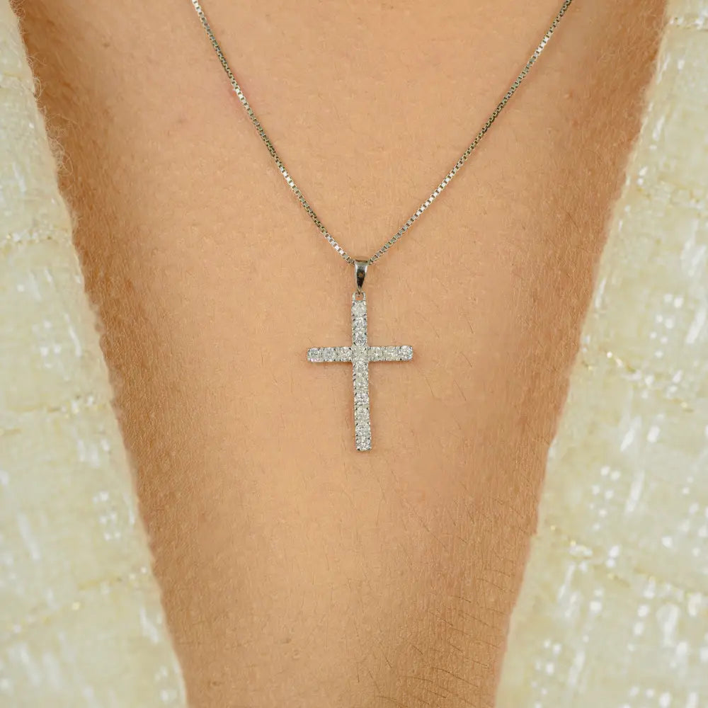 Sparkle Jewelry Natural Round Cut Diamond Minimal Cross Pendant 14K White Gold