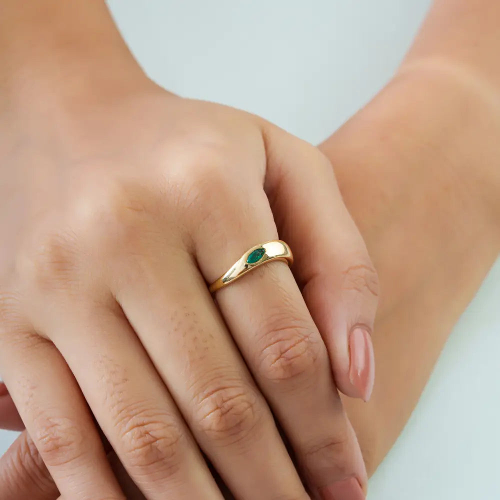 Marquise Cut Emerald Wavy Band Ring Solid K14 Yellow Gold Minimal Stackable Jewelry