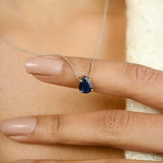 Pear Cut Blue Sapphire Single Stone Pendant Necklace Prong Settings 14K White Gold