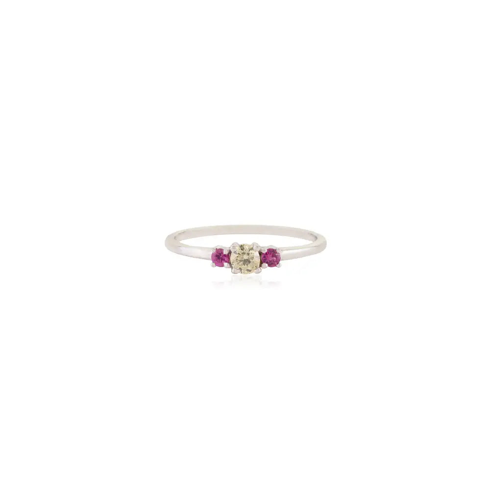 14K Real White Gold Round Cut Ruby & Yellow Diamond Minimal Gemstone Ring Fine Jewelry