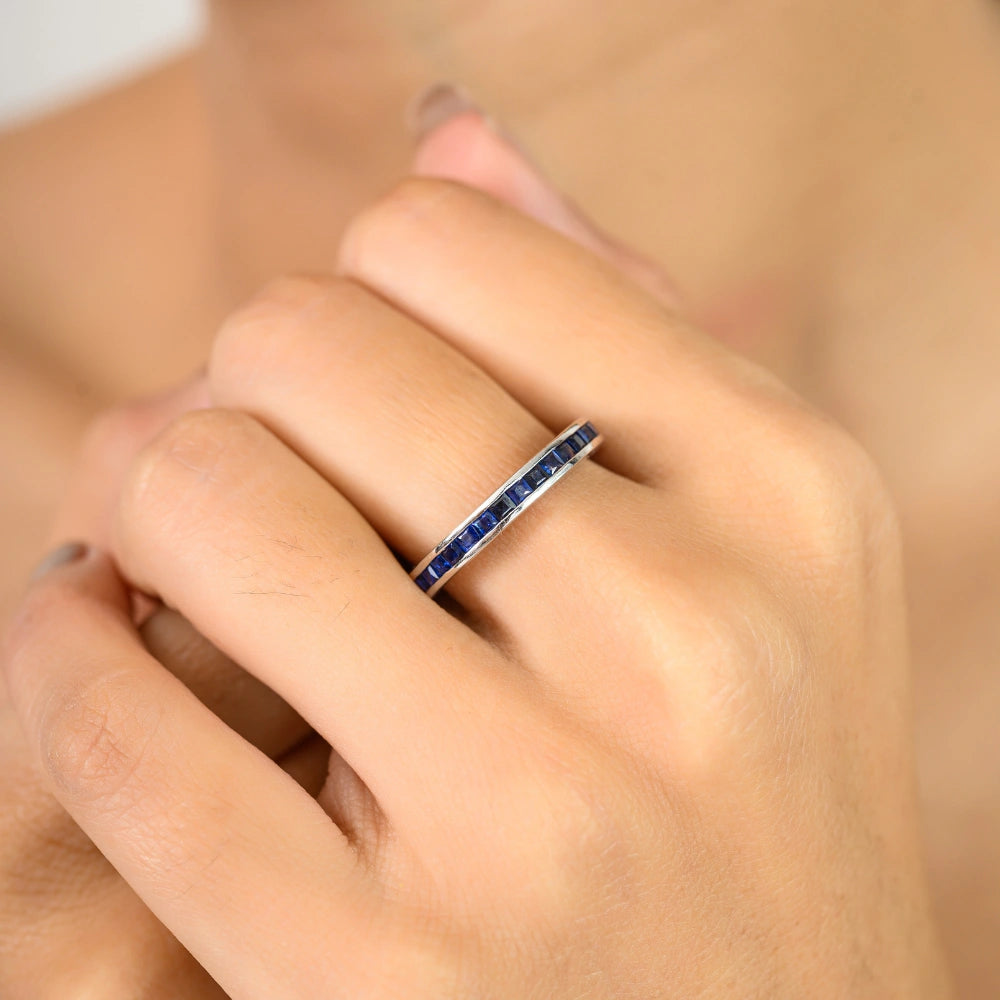 Latest Design Genuine Blue Sapphire Half Eternity Band Ring For Women 925 Solid Silver
