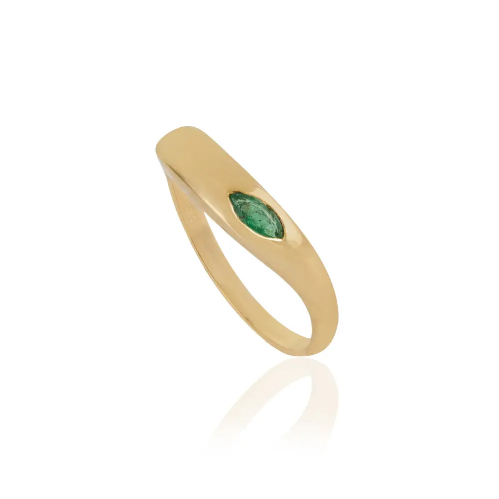 Marquise Cut Emerald Wavy Band Ring Solid K14 Yellow Gold Minimal Stackable Jewelry