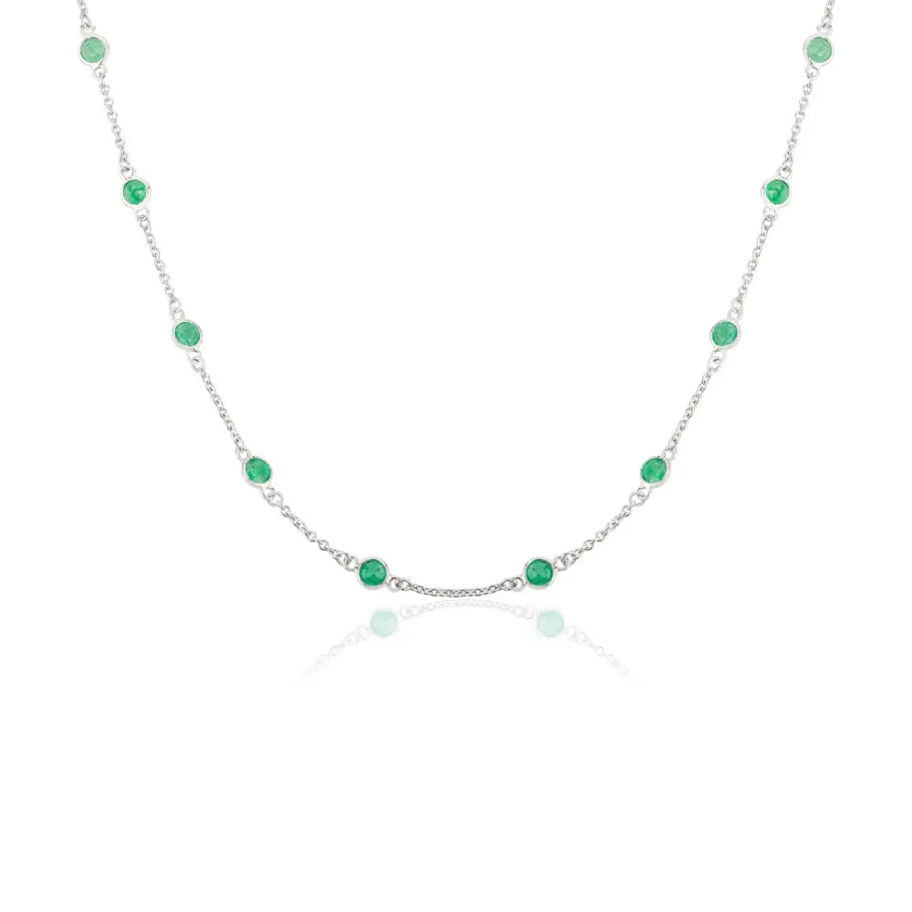 Round Cut Emerald Station Chain Necklace Solid K14 White Gold Stacked Everyday Jewelry