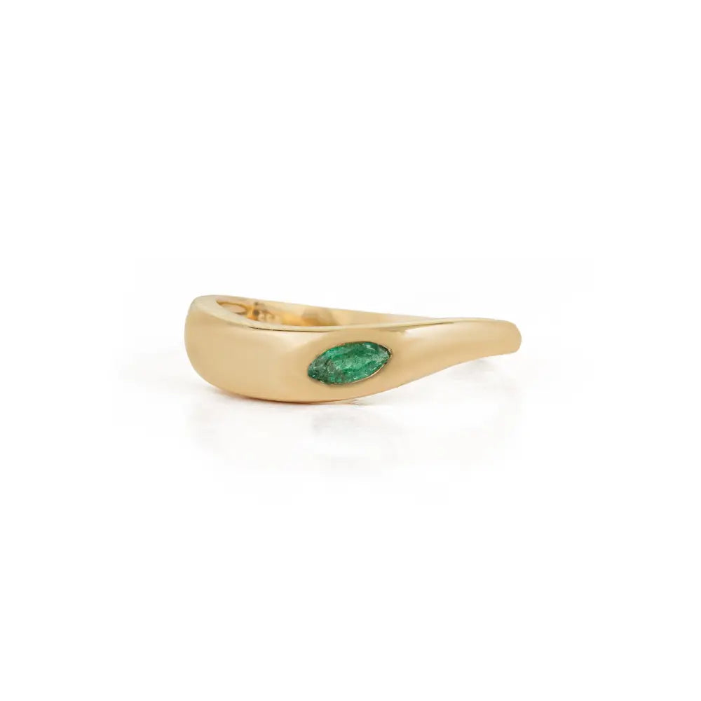Marquise Cut Emerald Wavy Band Ring Solid K14 Yellow Gold Minimal Stackable Jewelry