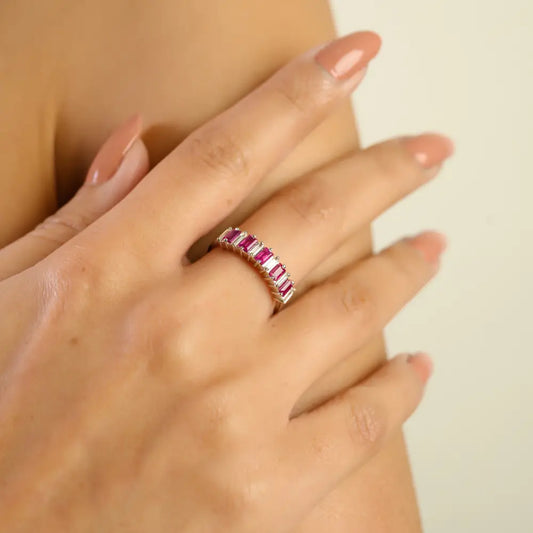 Hot Sale Baguette Cut Ruby & Diamond Half Eternity Band Ring 14K Solid White Gold Jewelry