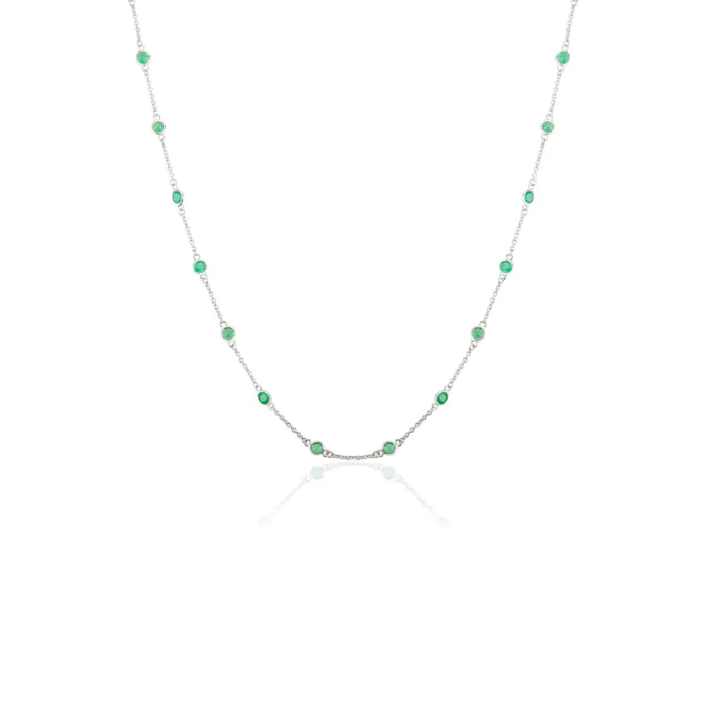 Round Cut Emerald Station Chain Necklace Solid K14 White Gold Stacked Everyday Jewelry
