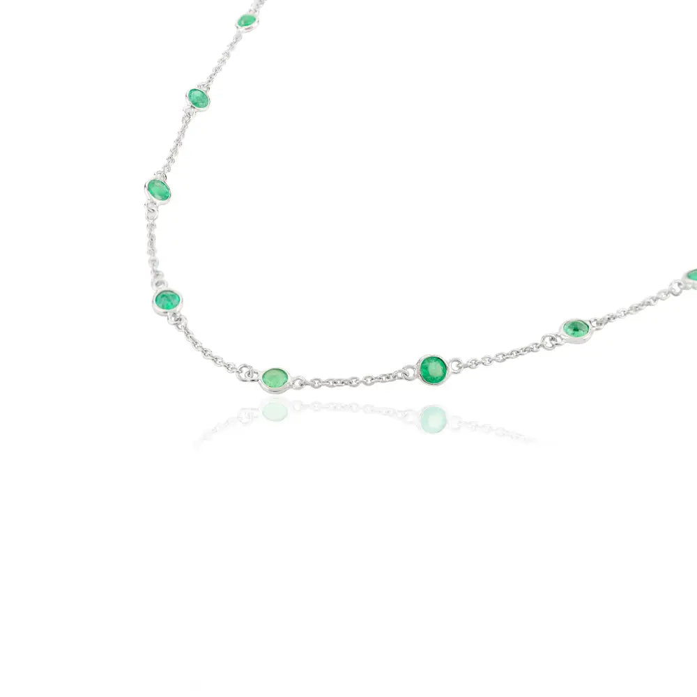 Round Cut Emerald Station Chain Necklace Solid K14 White Gold Stacked Everyday Jewelry