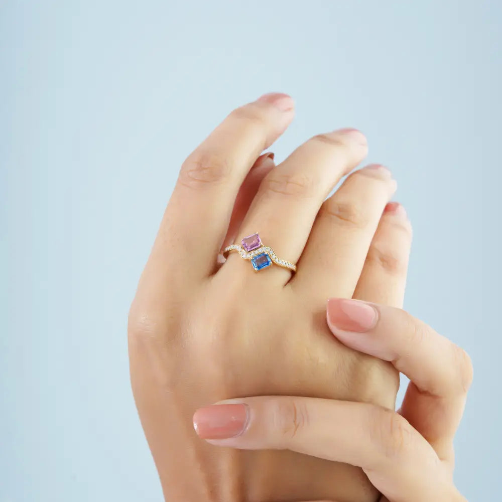 Unique Design Multi Sapphire & Diamond Real K14 Yellow Gold Toi et Moi Wavy Ring