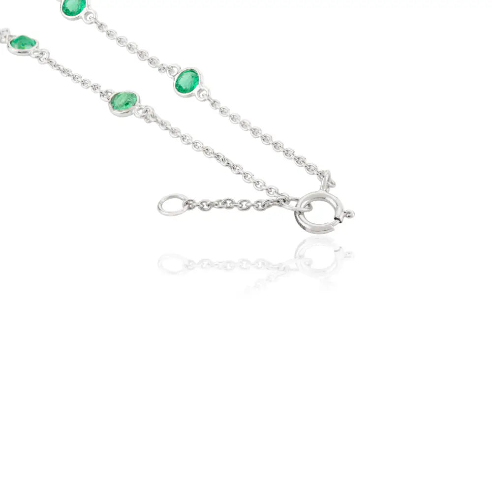 Round Cut Emerald Station Chain Necklace Solid K14 White Gold Stacked Everyday Jewelry