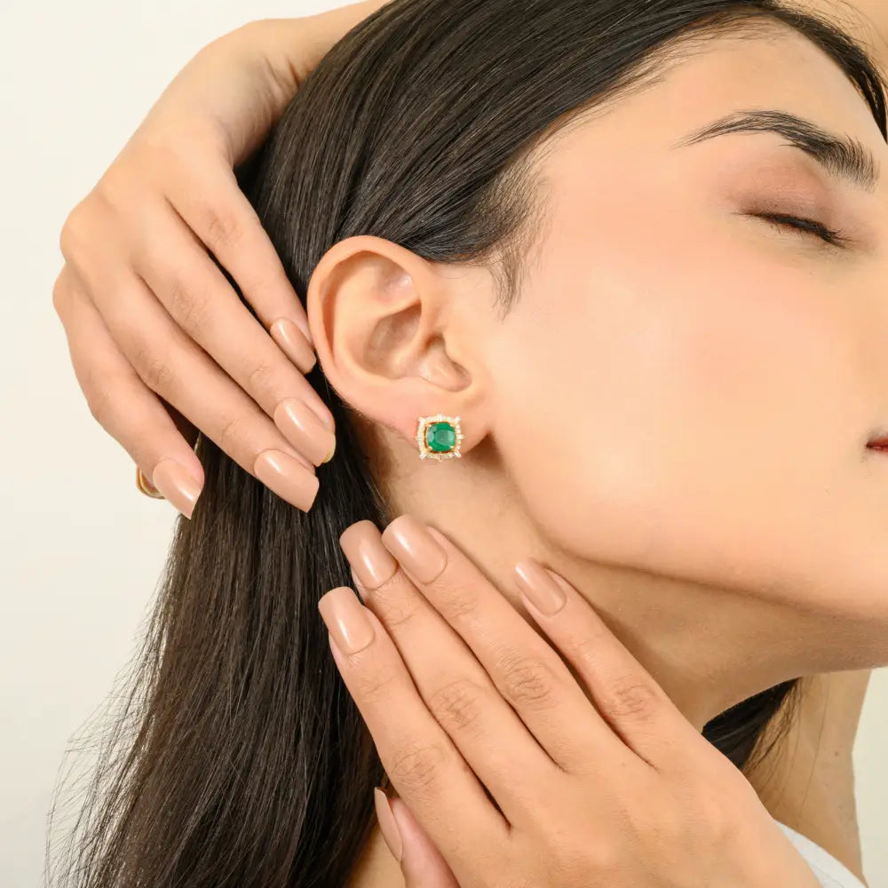 Everyday Minimalist Jewelry Natural Emerald & Diamond Stud Earrings Prong Setting