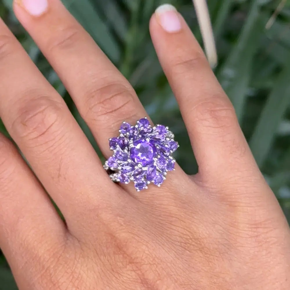 Gorgeous Purple Amethyst Cocktail Ring Set In Prong Setting High Grade Jewelry