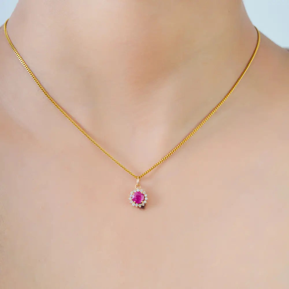 Round Cut Ruby & Diamond Minimal Cluster Pendant Gift For Mom 14K Yellow Gold Jewelry