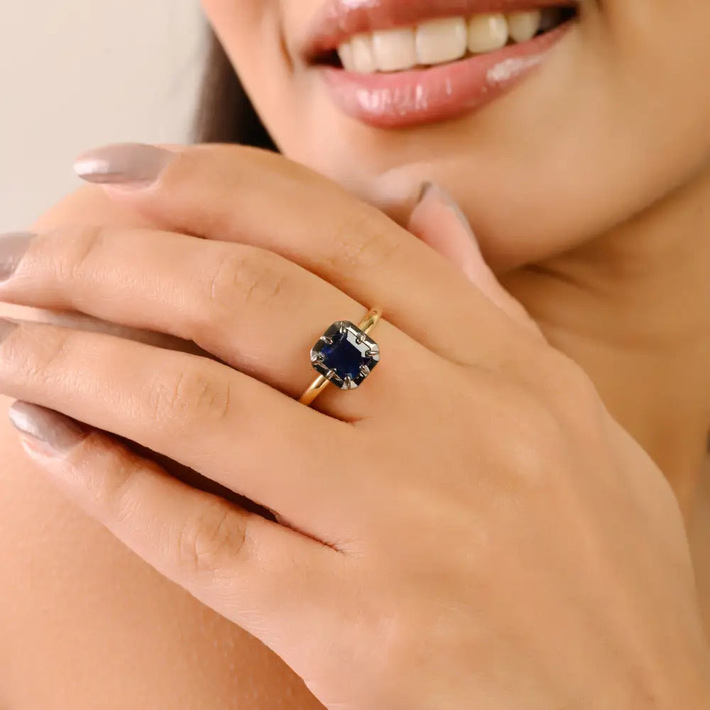 Square Cut Blue Sapphire Black Rhodium Plated 18K Solid Gold Solitaire Gemstone Minimal Ring
