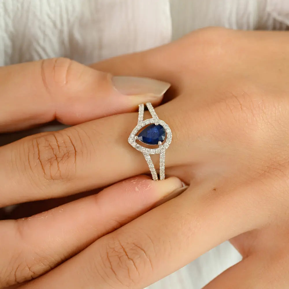 Latest Design Fine Blue Sapphire & Diamond Split Shank Ring 14K Pure White Gold Jewelry