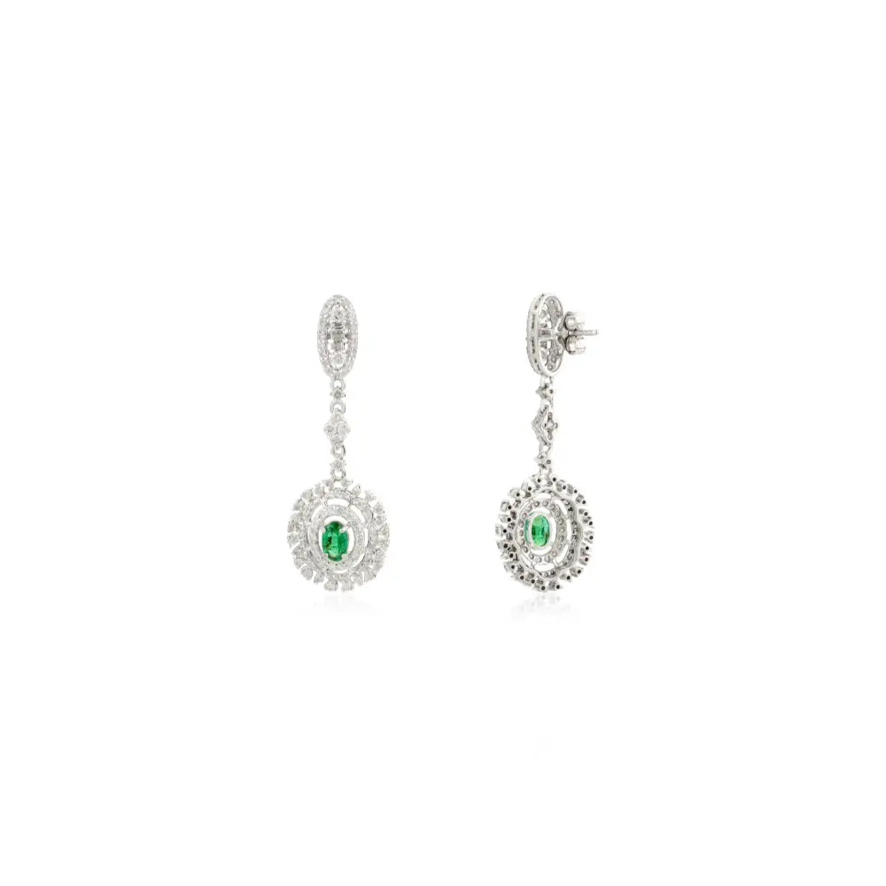 Bold Bridal Jewelry 14K White Gold Emerald & Diamond Handmade Dangle Earrings For Women