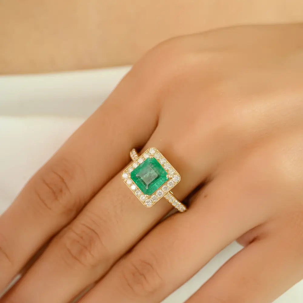 Natural Gemstone Emerald & Diamond K14 Real Yellow Gold Halo Engagement Ring For Unisex