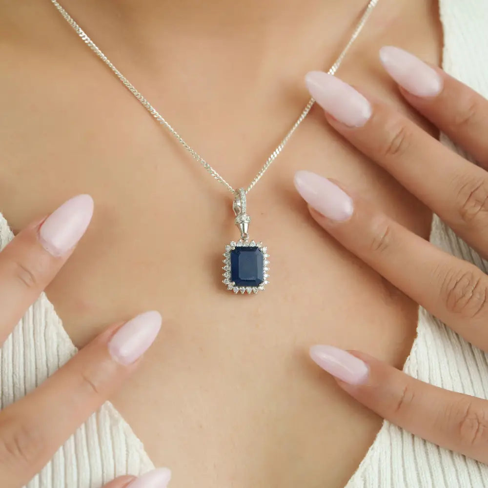 Blue Sapphire & Diamond Openable Lock Statement Cluster Pendant Newly 14K White Gold Jewelry