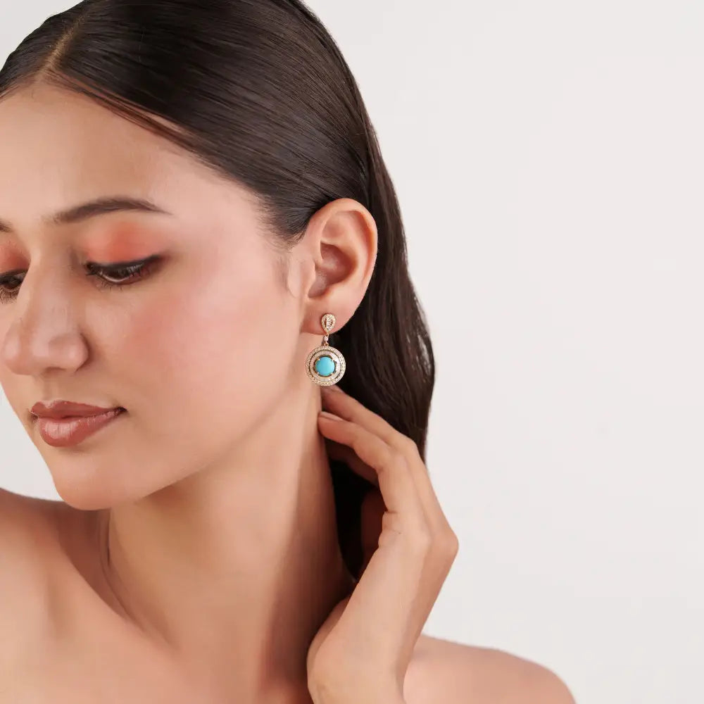 Cabochon Cut Turquoise & Diamond Double Halo Drop Earrings For Wedding 14K Yellow Gold