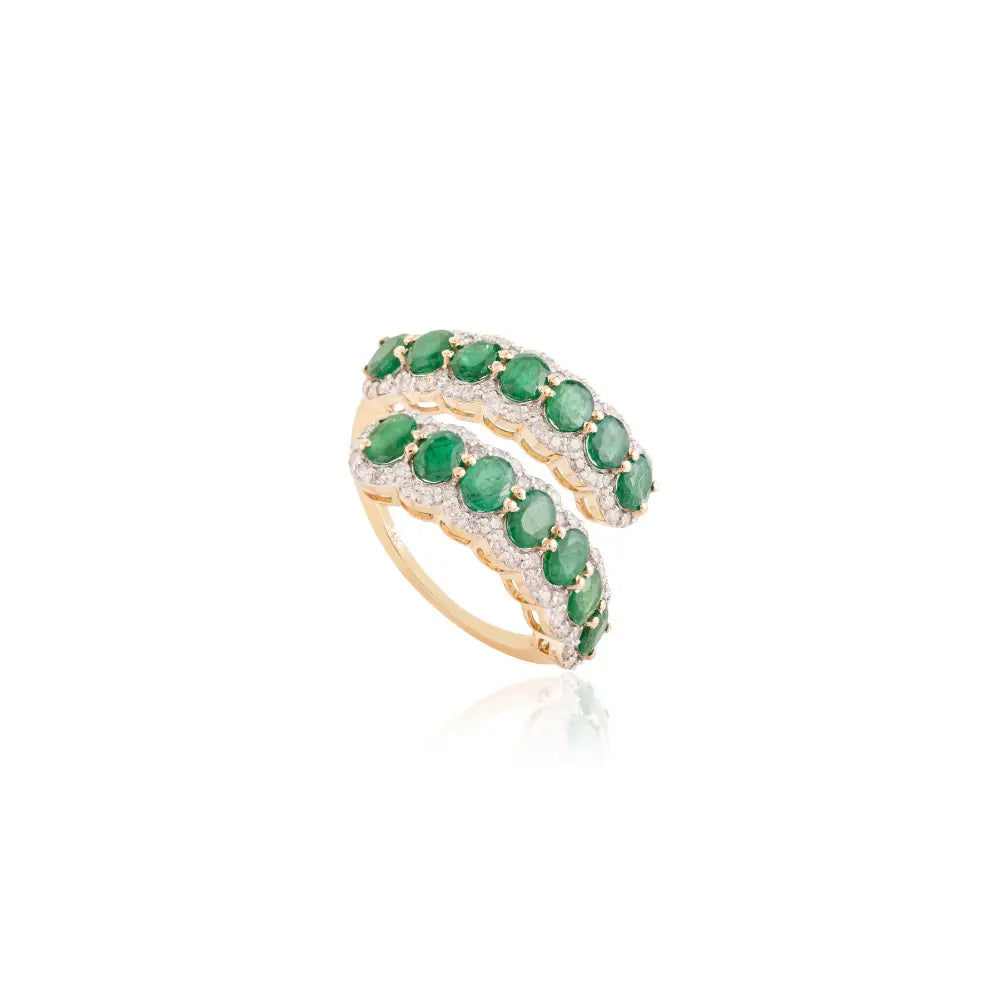 Zambian Emerald & Diamond Fine Bypass Ring 14K Real Yellow Gold Wedding Bridal Jewelry