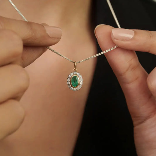 Bezel Set Emerald & Diamond 14K Solid Yellow Gold Cluster Pendant For Women Fine Jewelry