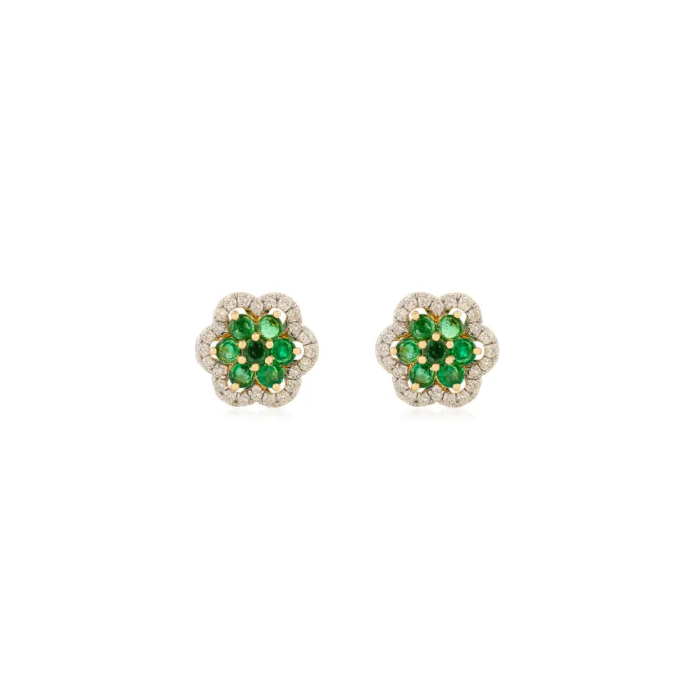 Round Cut Emerald & Diamond Flower Statement Stud Earrings Unique Design 18K Yellow Gold
