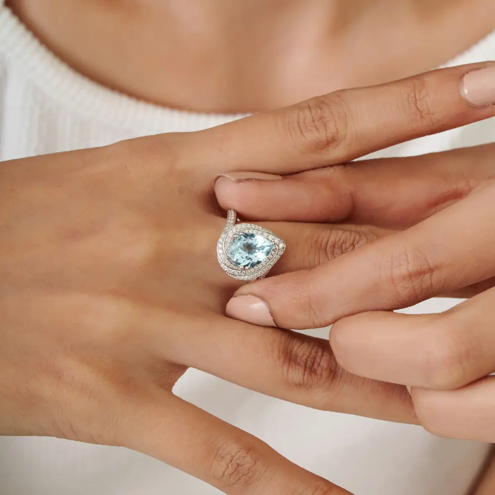 Pear Shape Aquamarine & Diamond Double Halo 18K White Gold Cocktail Ring Custom Jewelry