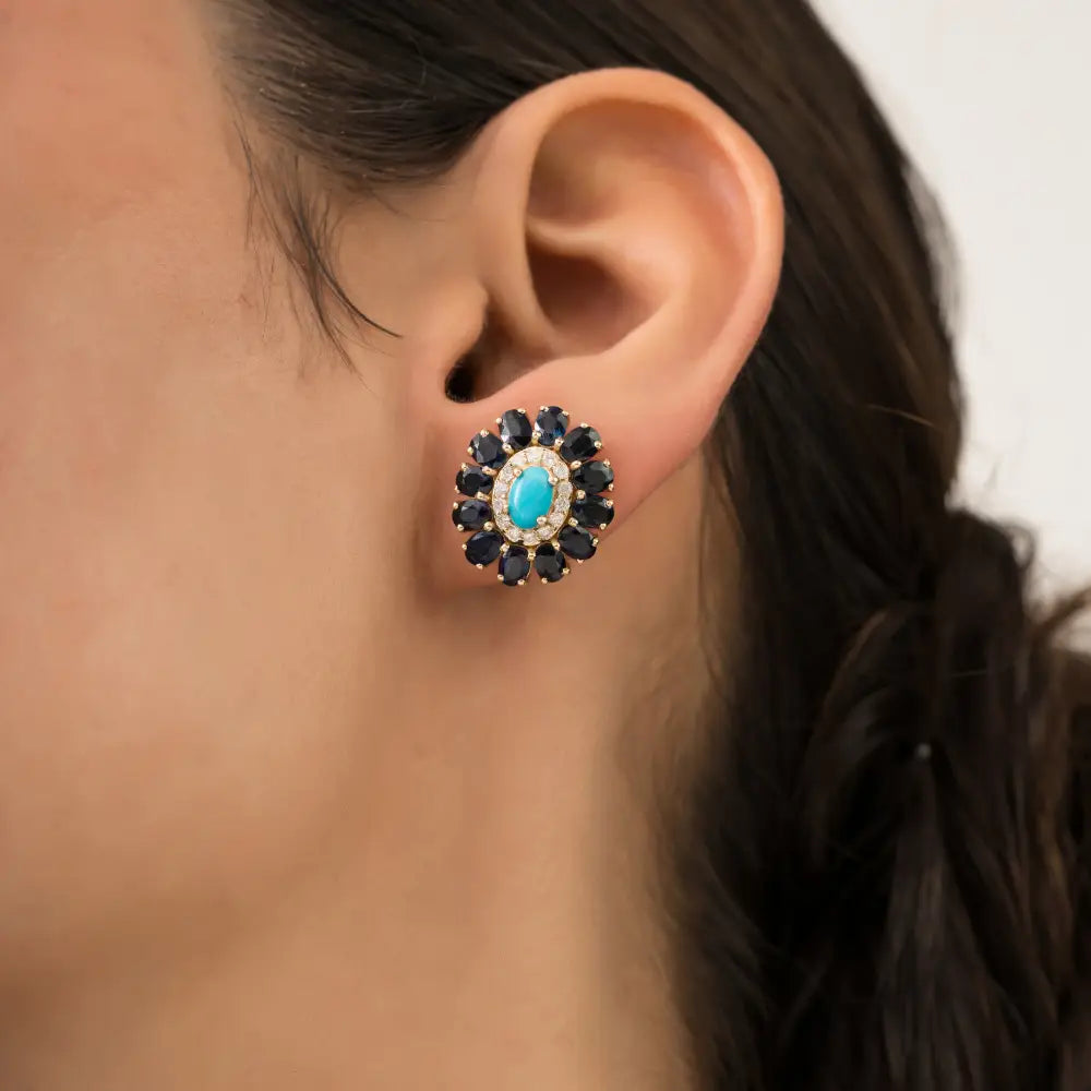 Natural Gemstone Blue Sapphire Turquoise & Diamond K14 Yellow Gold Halo Floral Stud Earrings