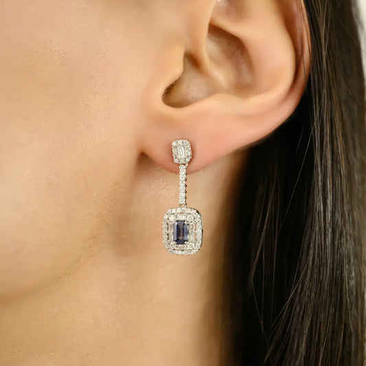 Latest Design Blue Sapphire & Diamond Drop Earrings Real 14K White Gold Gemstone Jewelry