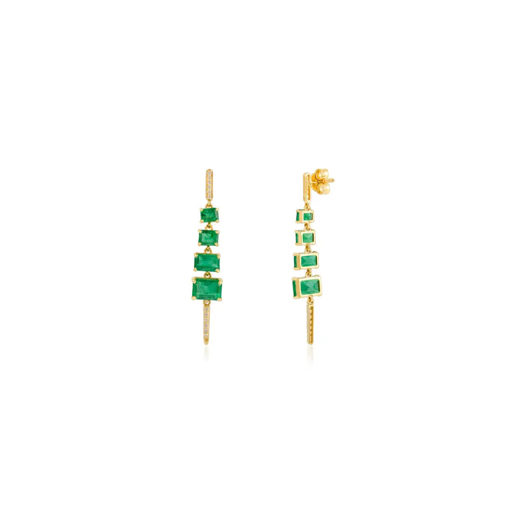 K14 Gold Graduated Set Gemstone Emerald & Diamond Women Handmade Dangle Earrings