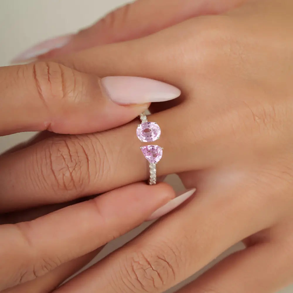 Best Selling Pink Sapphire & Diamond Pure 14K White Gold Toi et Moi Open Stackable Ring