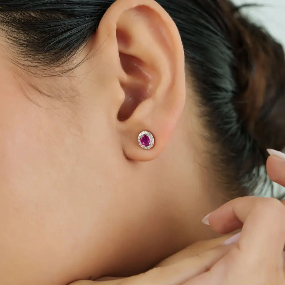 Oval Shape Ruby & Round Cut Diamond Real K18 White Gold Halo Stud Earrings Minimal Jewelry