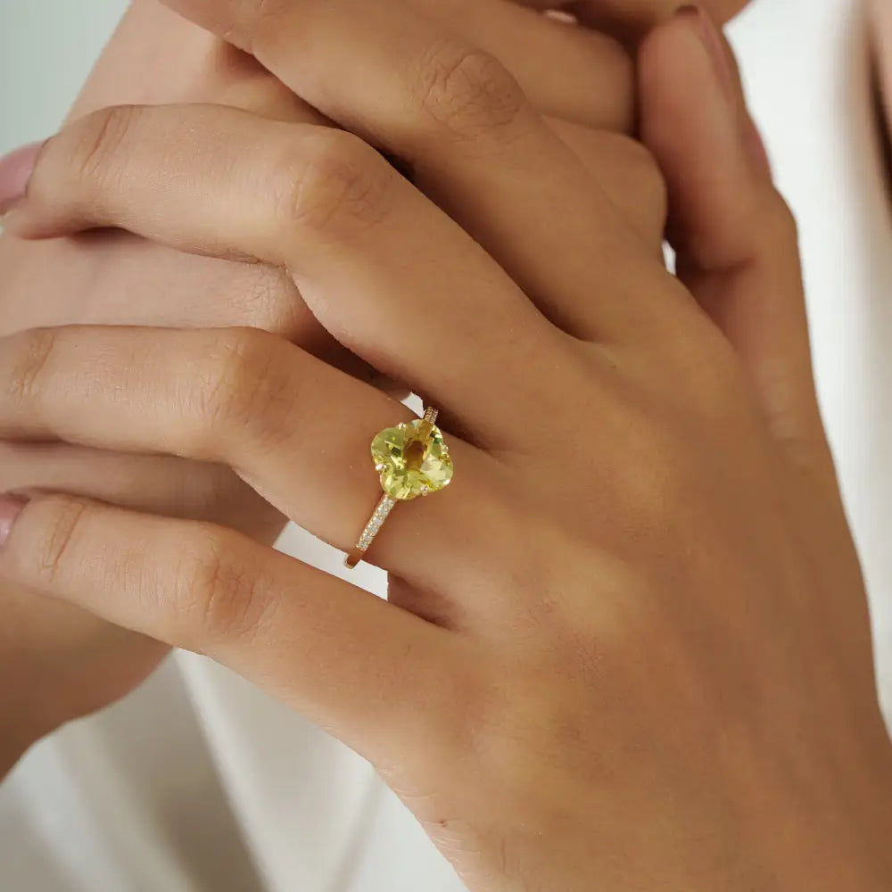 Semi Precious Gemstone Lemon Topaz & Diamond Flour Leaf Clover Shape Ring 14K Gold