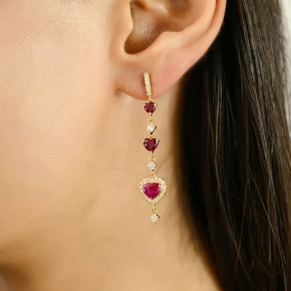 Heart Shape Ruby & Round Cut Diamond Long Dangle Earrings 18K Yellow Gold Anniversary Gift