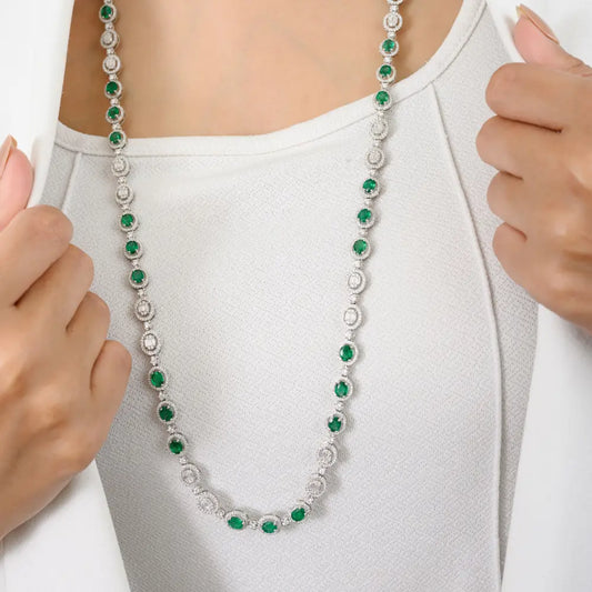 Natural Emerald & Diamond Double Layer Women Necklace 18K White Gold Prong Setting