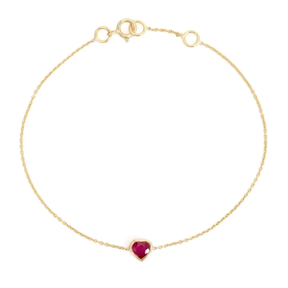 Minimalist Trendy Heart Shape Ruby Bezel Set Solitaire Chain Bracelet 14K Yellow Gold Jewelry