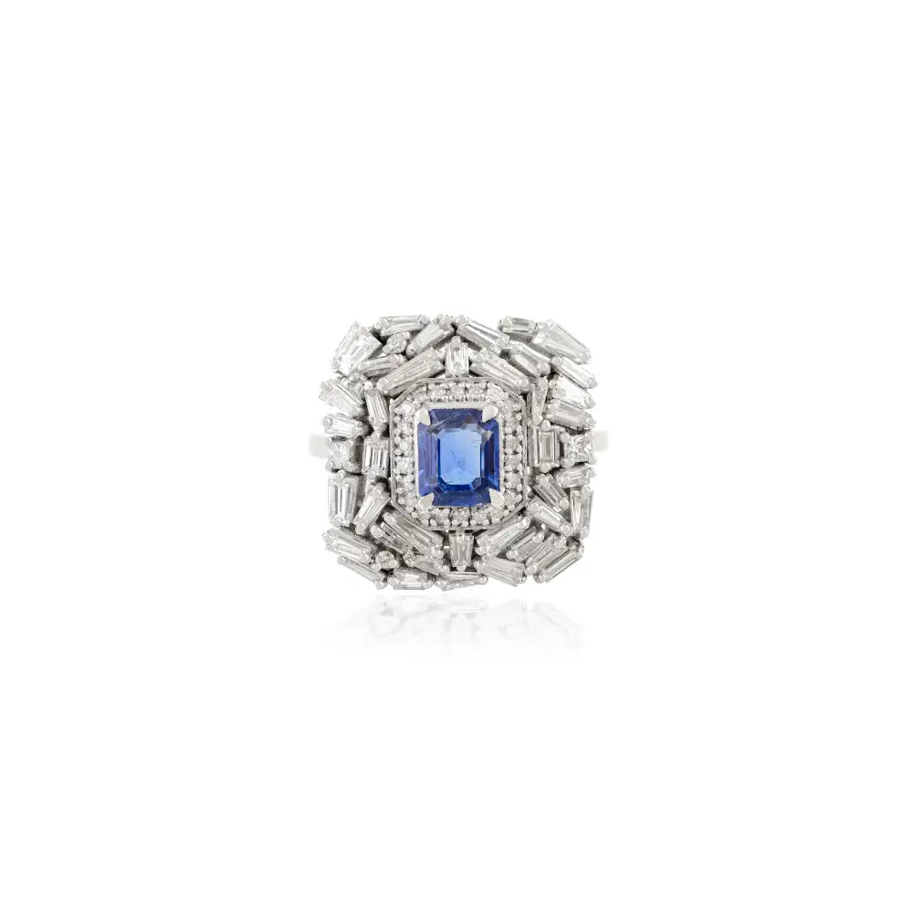 14K White Gold Blue Sapphire & Diamond Statement Ring Luxury Bold Jewelry Manufacturer