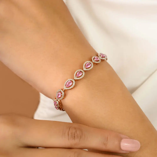 Attractive Design Pink Sapphire & Diamond Halo Tennis Bracelet 14K Rose Gold Bridal Jewelry